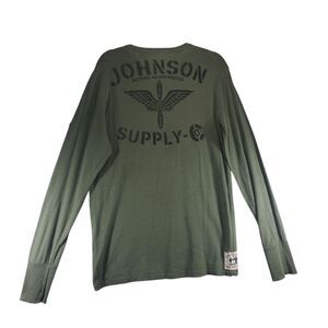 L Tall Johnson Motors Inc Long Sleeve Henley Military Green USA Cotton T-Shirt